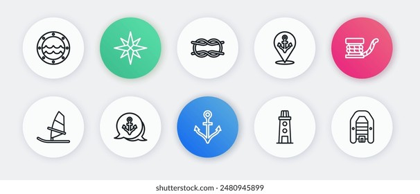 Set line Anchor, Marine bollard with rope, Windsurfing, Lighthouse, Location anchor, Nautical knots, Inflatable boat motor and  icon. Vector