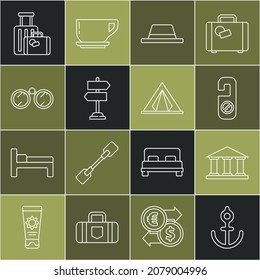 Set line Anchor, Museum building, Please do not disturb, Man hat with ribbon, Road traffic sign, Binoculars, Suitcase and Tourist tent icon. Vector