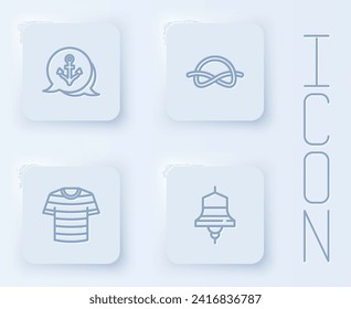 Set line Anchor, Nautical rope knots, Striped sailor t-shirt and Ship bell. White square button. Vector