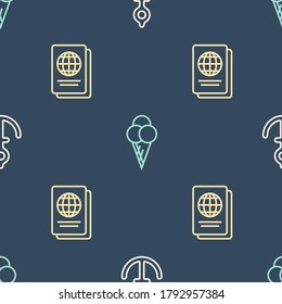 Set line Anchor, Passport and Ice cream in waffle cone on seamless pattern. Vector