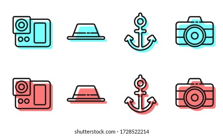 Set line Anchor, Photo camera, Man hat with ribbon and Photo camera icon. Vector