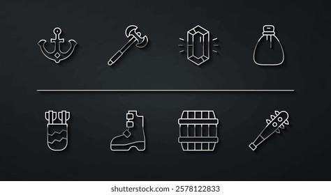 Set line Anchor, Quiver with arrows, Old money bag, Wooden barrel, Ancient viking boots, Medieval poleaxe, Mace spikes and Gem stone icon. Vector
