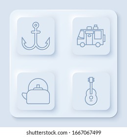 Set line Anchor, Rv Camping trailer, Kettle with handle and Guitar. White square button. Vector