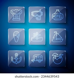 Set line Anchor, Rv Camping trailer, Coconut cocktail, Signboard with text Hotel, Road traffic sign, Ice cream waffle cone, Bodybuilder muscle and Yacht sailboat icon. Vector