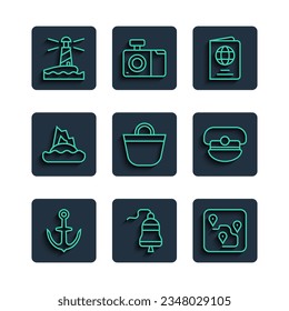 Set line Anchor, Ship bell, Route location, Passport, Beach bag, Tropical island in ocean, Lighthouse and Captain hat icon. Vector