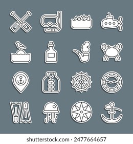 Set line Anchor, Ship porthole, Crab, Sharp stone reefs, Rum bottle, Seagull sits buoy, Paddle and Smoking pipe icon. Vector