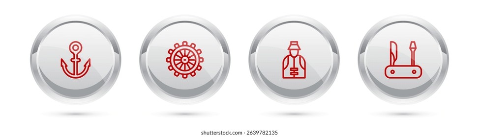 Set line Anchor, Ship steering wheel, Fisherman and Swiss army knife. Silver circle button. Vector