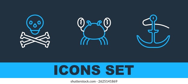 Set line Anchor, Skull on crossbones and Crab icon. Vector
