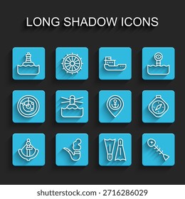 Set line Anchor, Smoking pipe, Floating buoy, Flippers for swimming, Dead fish, Lighthouse, Compass and Location with anchor icon. Vector