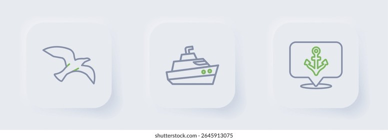 Set line Anchor, Speedboat and Bird seagull icon. Vector