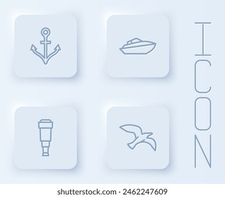 Set line Anchor, Speedboat, Spyglass telescope lens and Bird seagull. White square button. Vector