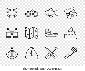 Set line Anchor, Spyglass telescope lens, Fish, Yacht sailboat, Crab, Pirate treasure map, Paddle and Iceberg icon. Vector