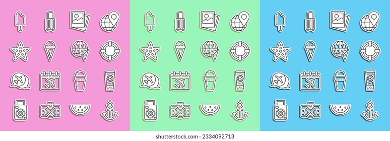 Set Linie Anchor, Sonnencreme in Röhre, Lifebuoy, Foto, Eiswaffelkegel, Starfish und Globe mit fliegendem Flugzeug Symbol. Vektorgrafik