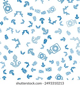 Set line Anchor, Sunscreen spray bottle and Picnic table with benches on seamless pattern. Vector