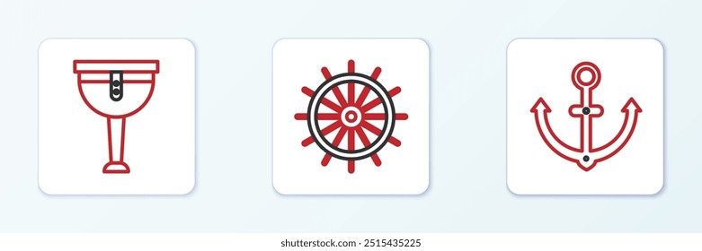 Set line Anchor, Wooden pirate leg and Ship steering wheel icon. Vector