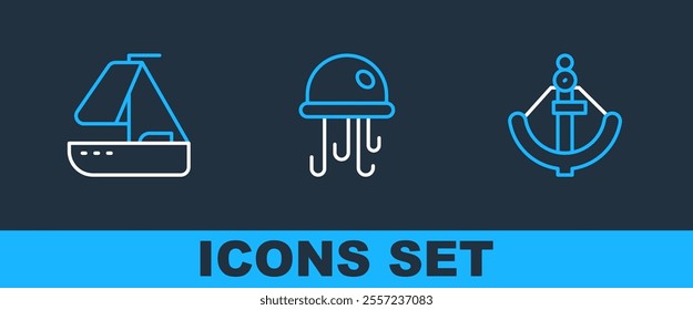 Set line Anchor, Yacht sailboat and Jellyfish icon. Vector