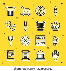 Set line Ancient amphorae, Broken, Greek coin, Medieval sword, Comedy and tragedy masks, column and lyre icon. Vector