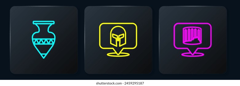 Set line Ancient amphorae, column and Greek helmet. Black square button. Vector