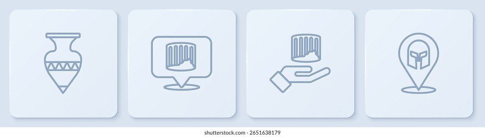 Set line Ancient amphorae, column,  and Greek helmet. White square button. Vector