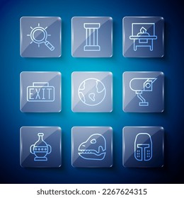 Set line Ancient amphorae, Dinosaur skull, Medieval iron helmet, Glass showcase for exhibit, Earth globe, Exit sign, Magnifying glass and Security camera icon. Vector