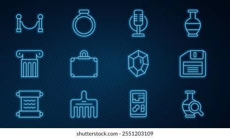 Set line Ancient amphorae, Floppy disk, Microphone, Suitcase, column, Rope barrier, Gem stone and Gold ring icon. Vector