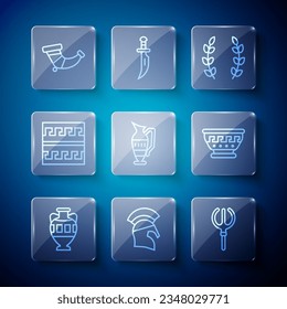 Set line Ancient amphorae, Greek helmet, Neptune Trident, Laurel wreath, pattern, Hunting horn and ancient bowl icon. Vector