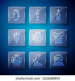 Set line Ancient amphorae, Hermes sandal, Parthenon, Bottle of wine, Broken, Neptune Trident, Medieval bow and column icon. Vector