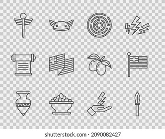 Set Line Ancient Amphorae, Medieval Spear, Minotaur Labyrinth, Olives Bowl, Caduceus Snake Medical, Greece National Flag, Zeus And  Icon. Vector