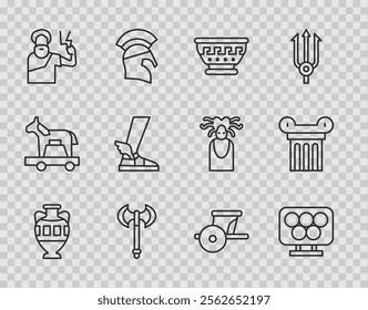 Set line Ancient amphorae, Olympic rings, Greek ancient bowl, Medieval axe, Zeus, Hermes sandal, chariot and column icon. Vector