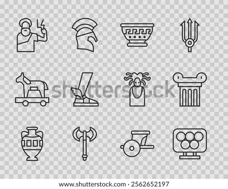 Set line Ancient amphorae, Olympic rings, Greek ancient bowl, Medieval axe, Zeus, Hermes sandal, chariot and column icon. Vector