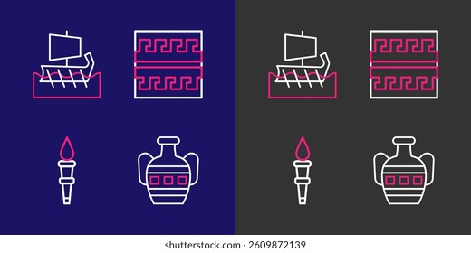Set line Ancient amphorae, Torch flame, Greek pattern and trireme icon. Vector