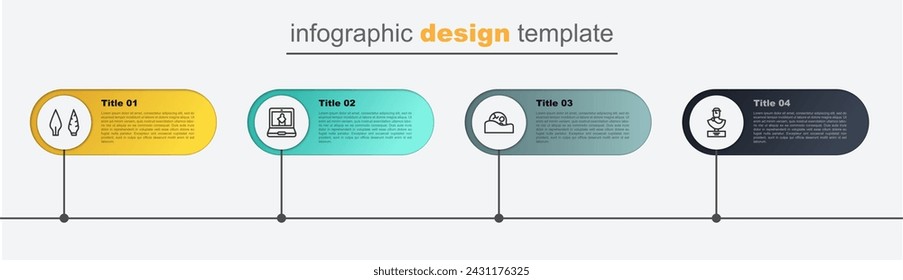 Set line Ancient bust sculpture, Human skull, Online museum and Stone age arrow head. Business infographic template. Vector