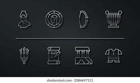 Set line Ancient bust sculpture, Neptune Trident, lyre, Parthenon, Decree, parchment, scroll, Greek coin, Body armor and Medieval bow icon. Vector