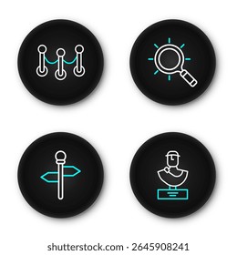 Set line Ancient bust sculpture, Road traffic signpost, Magnifying glass and Rope barrier icon. Vector