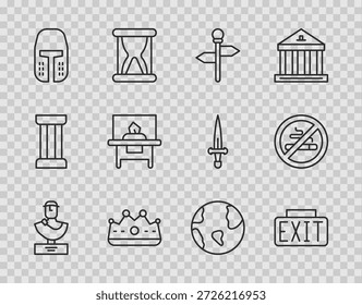 Set line Ancient bust sculpture, Exit sign, Road traffic signpost, King crown, Medieval iron helmet, Glass showcase for exhibit, Earth globe and No Smoking icon. Vector