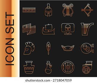 Carro antiguo, máscaras de comedia y tragedia, arpa, lira, trirreme griego, bandera nacional de Grecia, patrón e icono de casco. Vector