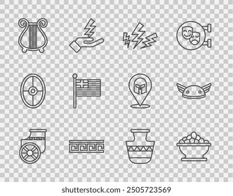 Set line Ancient chariot, Olives in bowl, Zeus, Greek pattern, lyre, Greece national flag, amphorae and Helmet with wings icon. Vector