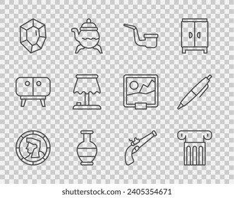 Set line Ancient coin, column, Smoking pipe, amphorae, Gem stone, Table lamp, Vintage pistol and Pen icon. Vector