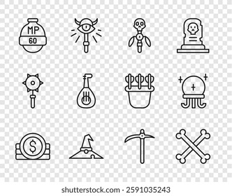 Set line Ancient coin, Crossed human bones, Magic staff, Witch hat, Video game bar, Lute, Pickaxe and ball icon. Vector