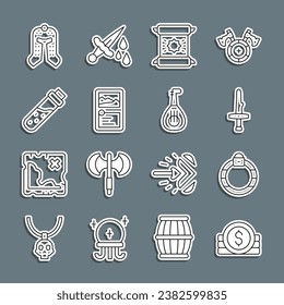 Set Linie Alte Münze, Zaubersteinring, Dagger, Dekret, Pergament, Scroll, Kartenspiel-Sammlung, Flasche mit Tränen, mittelalterlicher Helm und Lute-Symbol. Vektorgrafik