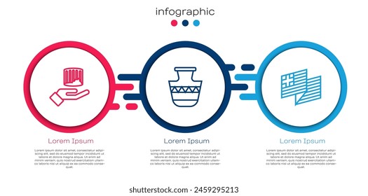 Set line Ancient column, amphorae and Greece national flag. Business infographic template. Vector