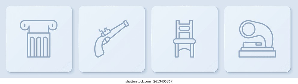 Set line Ancient column, Chair, Vintage pistol and Old gramophone. White square button. Vector