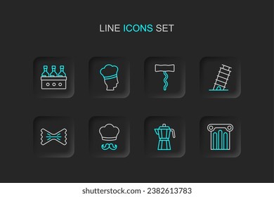 Set line Ancient column, Coffee maker moca pot, Italian cook, Macaroni, Leaning tower in Pisa, Wine corkscrew,  and Bottles wine icon. Vector