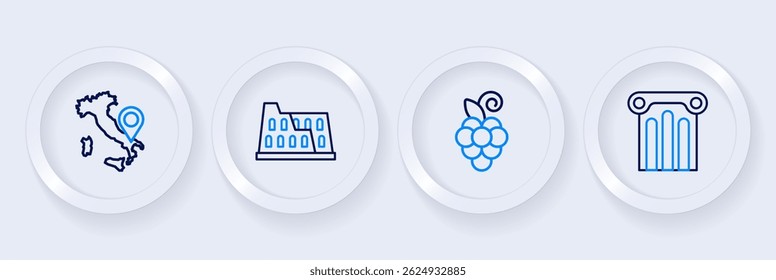 Set line Ancient column, Grape fruit, Coliseum and Map of Italy icon. Vector