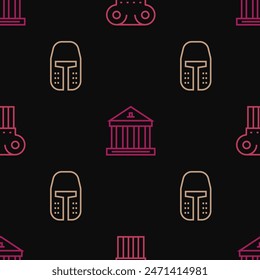 Set line Ancient column, Medieval iron helmet and Museum building on seamless pattern. Vector