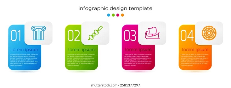 Set line Ancient column, Olive and cheese on chopstick, Greek trireme and Minotaur labyrinth. Business infographic template. Vector