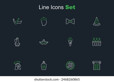 Set line Ancient column, Pizza, Perfume, Roman army helmet, Bottles of wine, Ice cream waffle, Carnival mask and olive oil icon. Vector