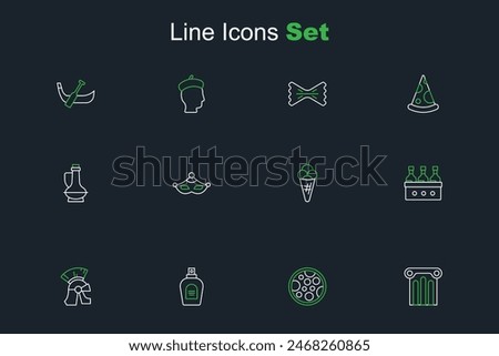 Set line Ancient column, Pizza, Perfume, Roman army helmet, Bottles of wine, Ice cream waffle, Carnival mask and olive oil icon. Vector