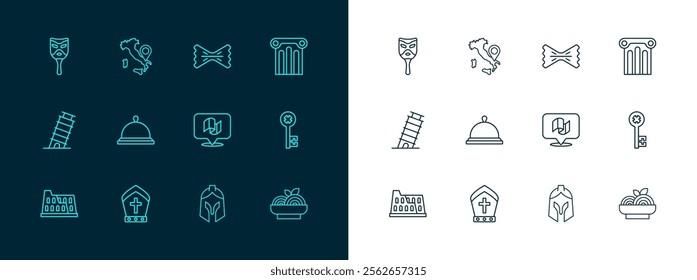 Set line Ancient column, Pope hat, Flag Italy, Roman army helmet, Covered with tray of food, Macaroni, Carnival mask and Map icon. Vector