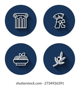 Set line Ancient column, Roman army helmet, Pasta spaghetti and Olives branch with long shadow. Blue circle button. Vector